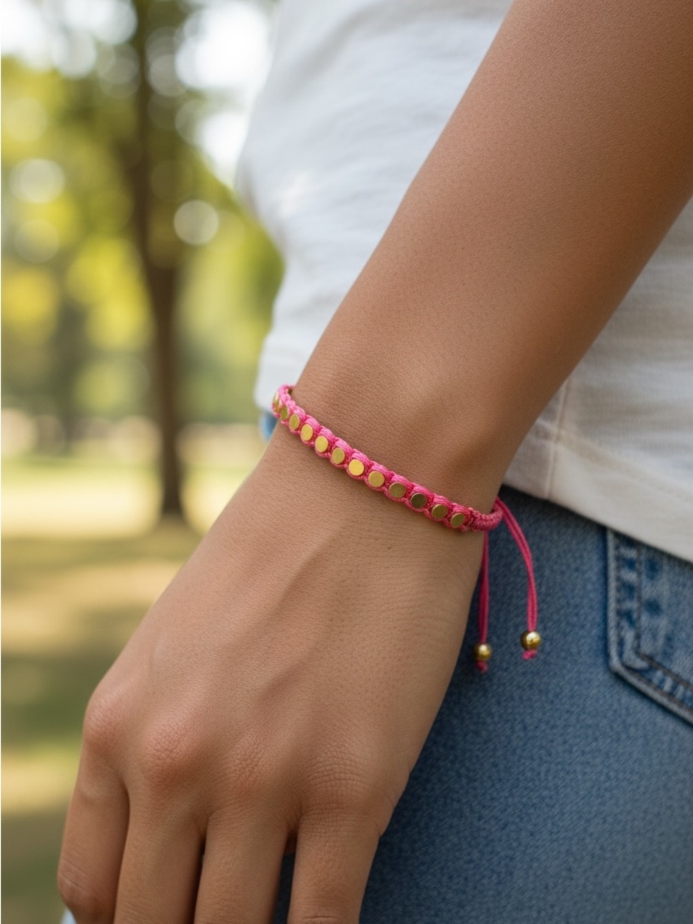 🆕 Plunder pull cord adjustable bracelet in pink with goldtone metal disks